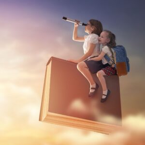 fantasy image of school girls riding a flying book, looking into spyglass
