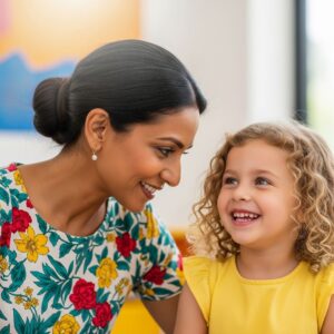teacher working with a happy preschool student