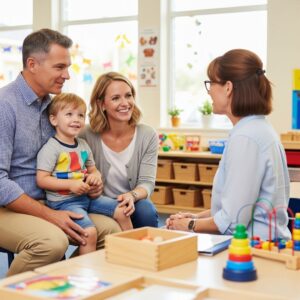 family talking to a teacher about their son's education