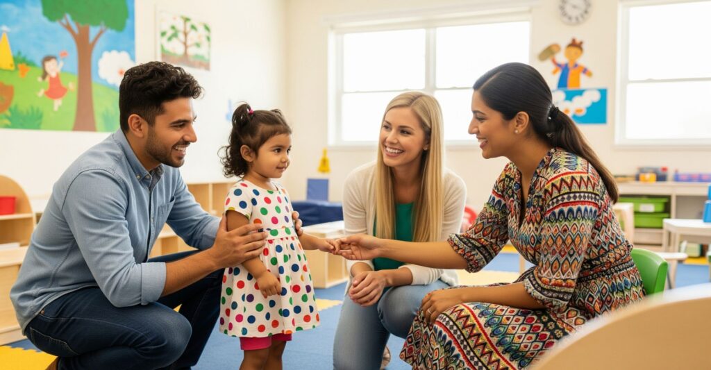 young family visiting a preschool