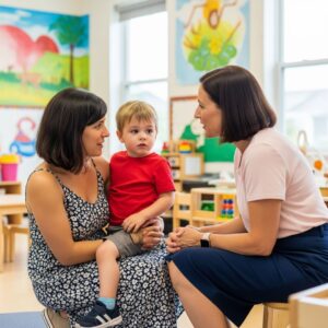 mother holding her preschooler while talking to a teacher