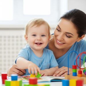 mother engaging in active play and learning with her child