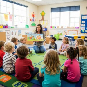 preschool children listening to a story in a classroom