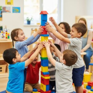 children supporting each other and building blocks in a classroom