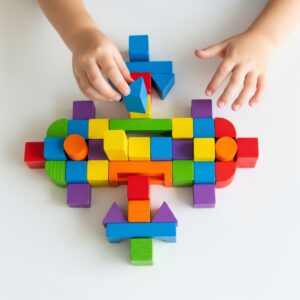 A young child's hands carefully stacking colorful wooden blocks as part of a STEAM learning activity in preschool.