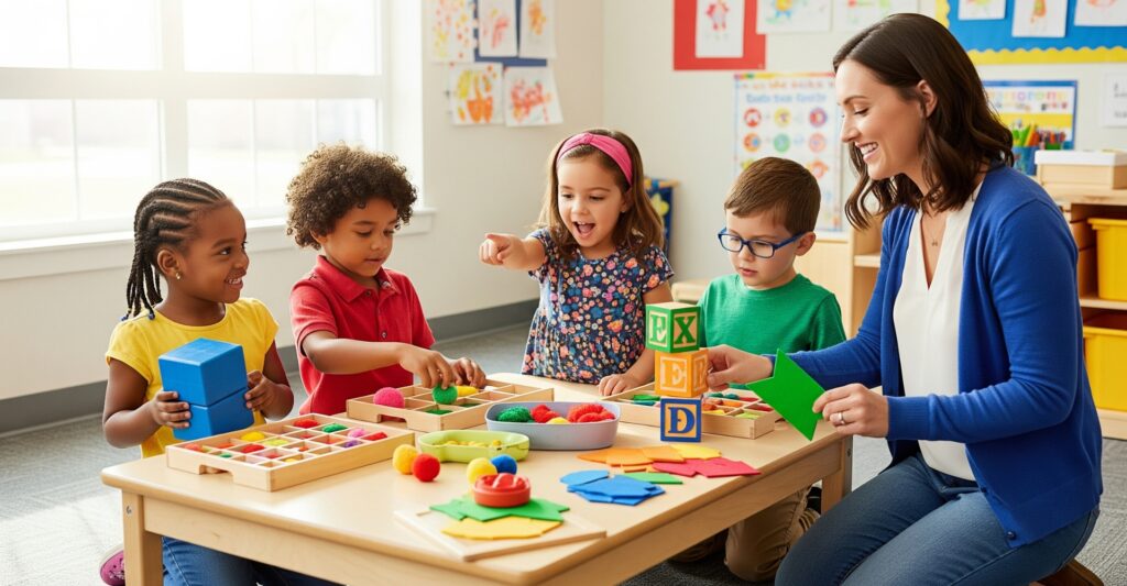 A smiling teacher and diverse group of happy preschool students learn together in a bright, modern classroom at Premier Christian Academy.