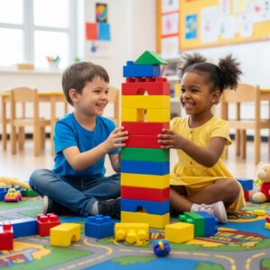 Two happy preschool children, a boy and a girl, working together on a puzzle, demonstrating social skills.