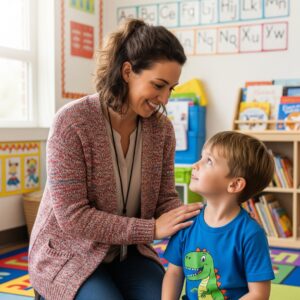 A kind preschool teacher kneels down to talk with a young student in a supportive and caring classroom.