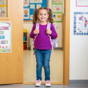 A confident and happy preschooler with a backpack smiles, ready and prepared for a day of learning.