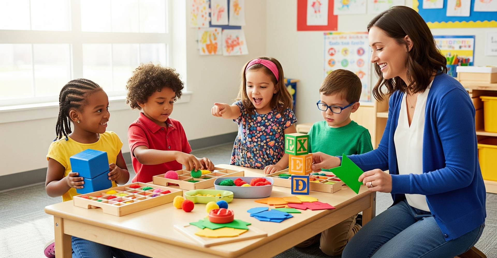 A smiling teacher and diverse group of happy preschool students learn together in a bright, modern classroom at Premier Christian Academy.