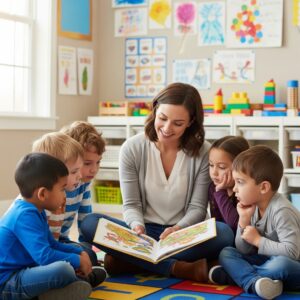 A teacher reading to attentive preschool children.