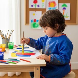 A preschooler painting at an art station.