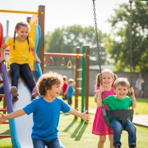 Happy preschoolers playing together on a playground.