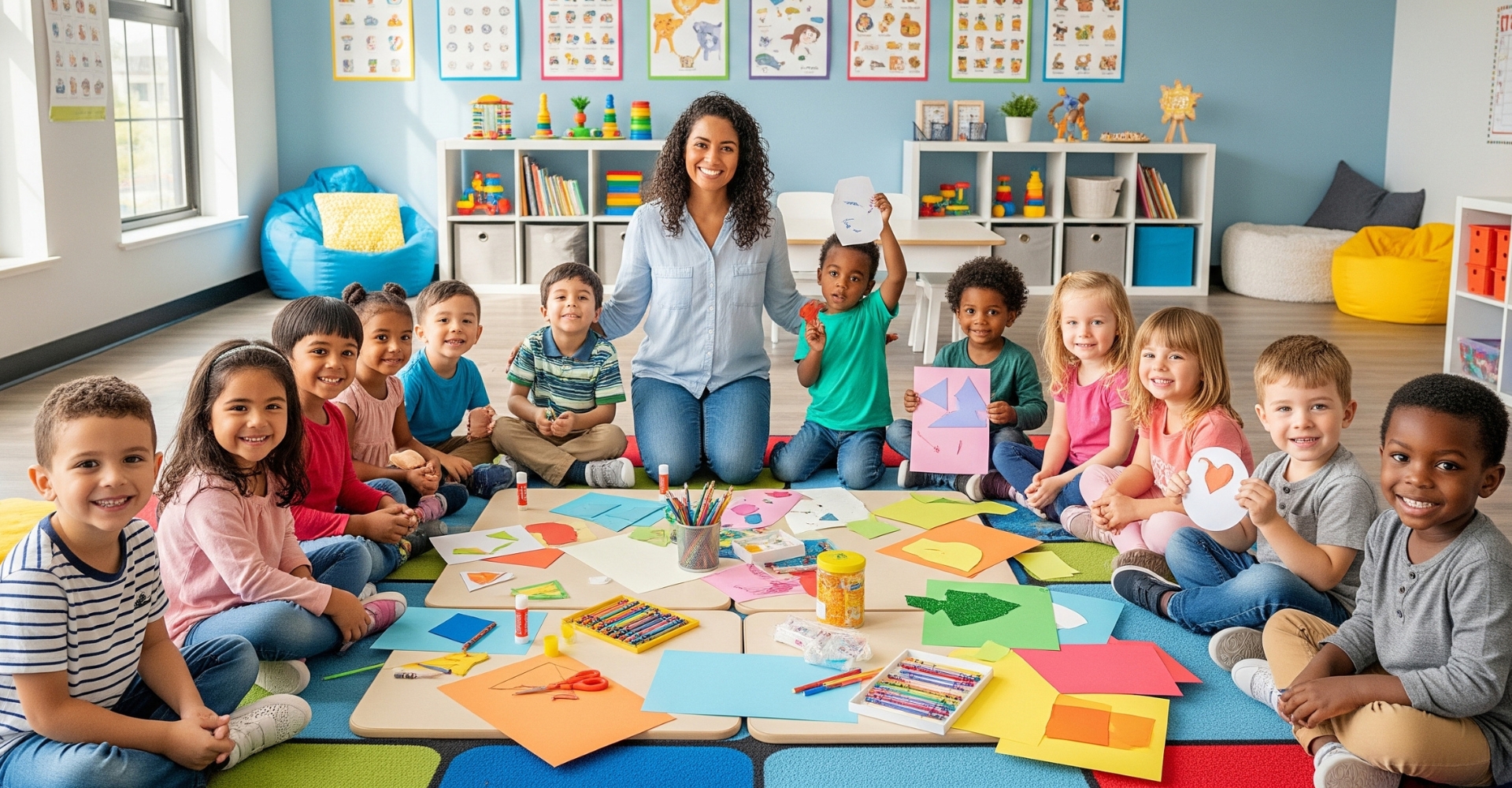 A diverse group of happy children and a teacher in a bright classroom.