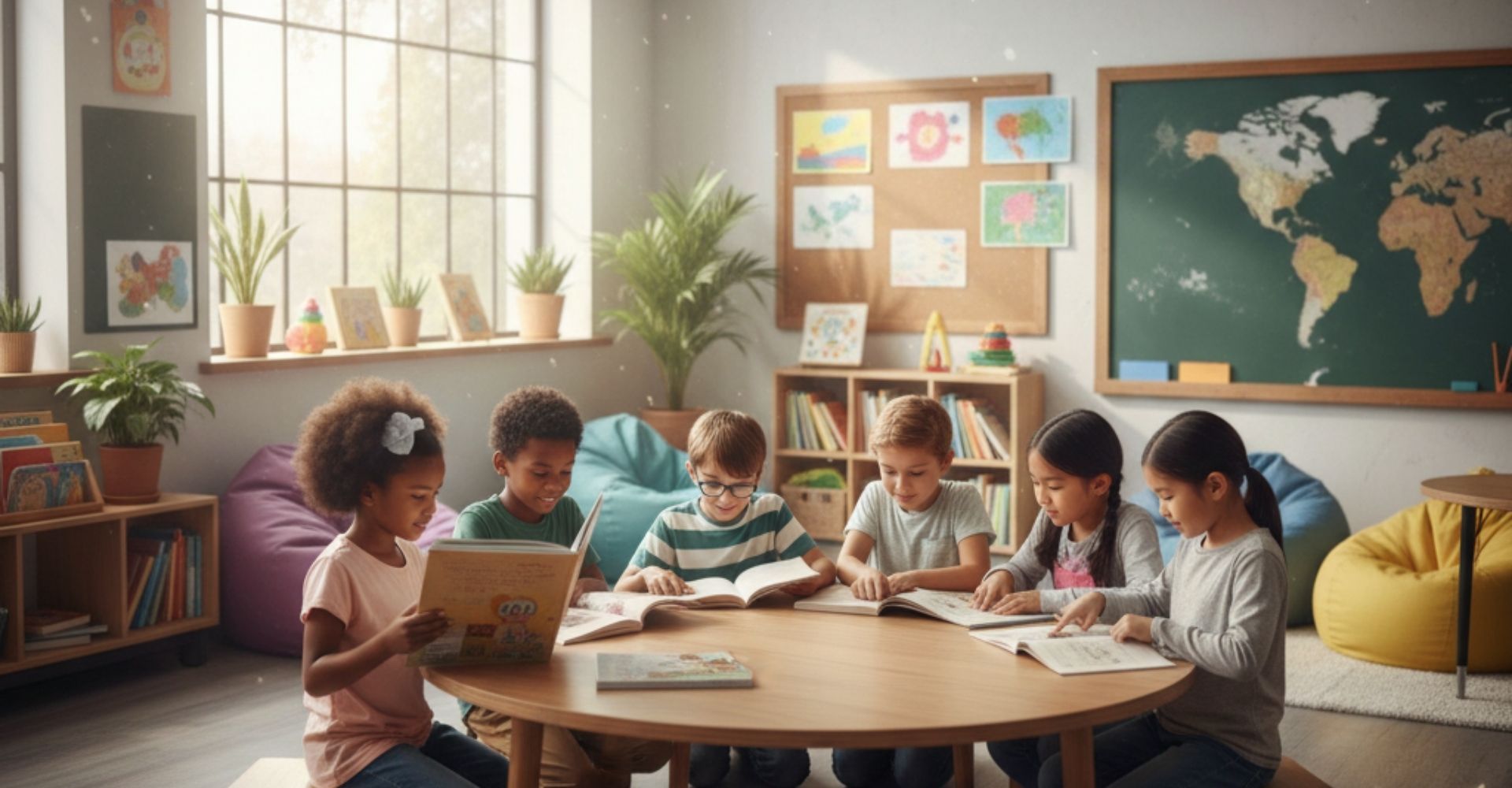 kids reading at table