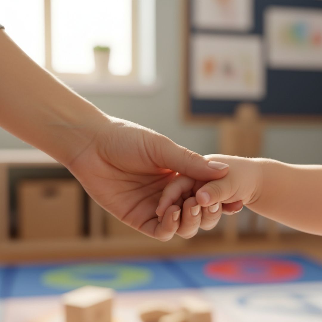 Child's hand holding an adult's hand, representing security and consistency in early education.