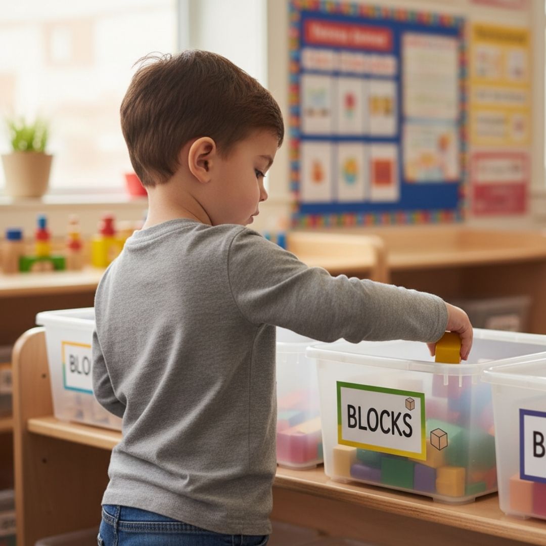 Preschooler independently putting a toy away, demonstrating self-discipline and following routine.