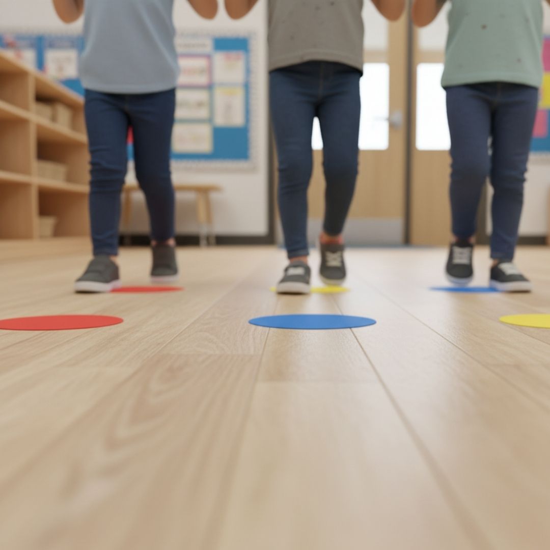 Children's feet lined up on floor markers for a smooth transition between classroom activities.