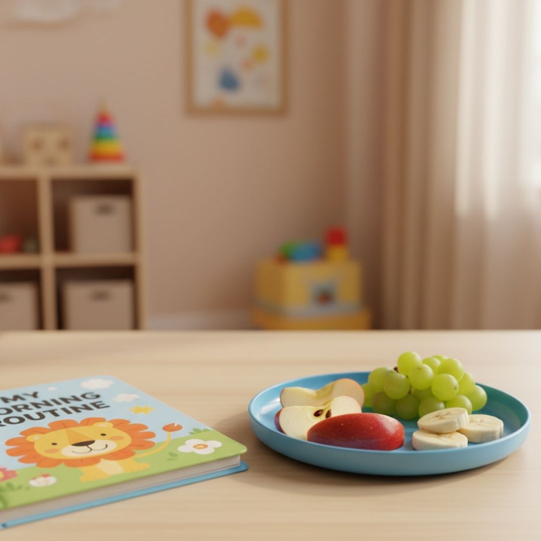 Healthy snack of apple slices and grapes on a small plate, symbolizing good habits from a structured schedule.