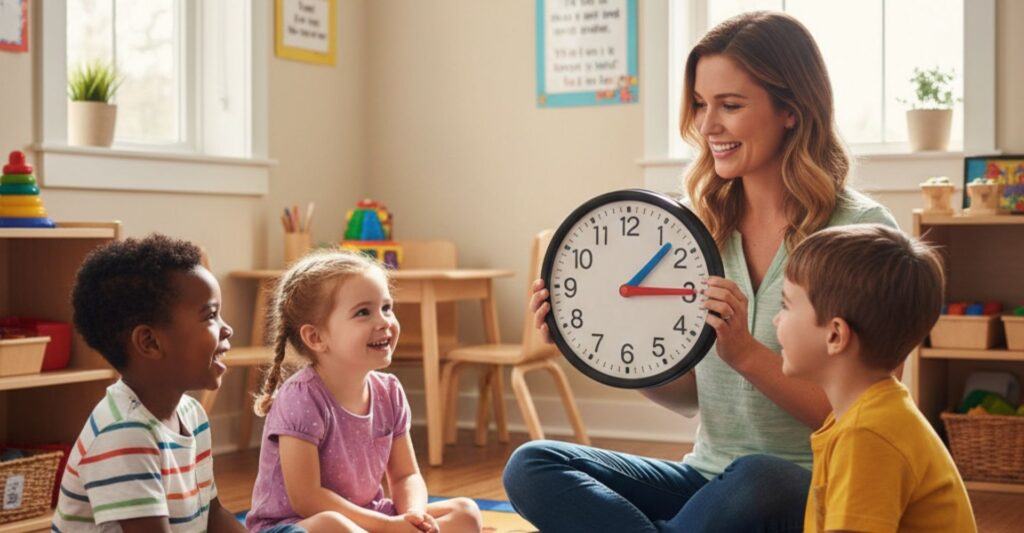 Preschool teacher shows a large clock to engaged children in a brightly lit, structured classroom.