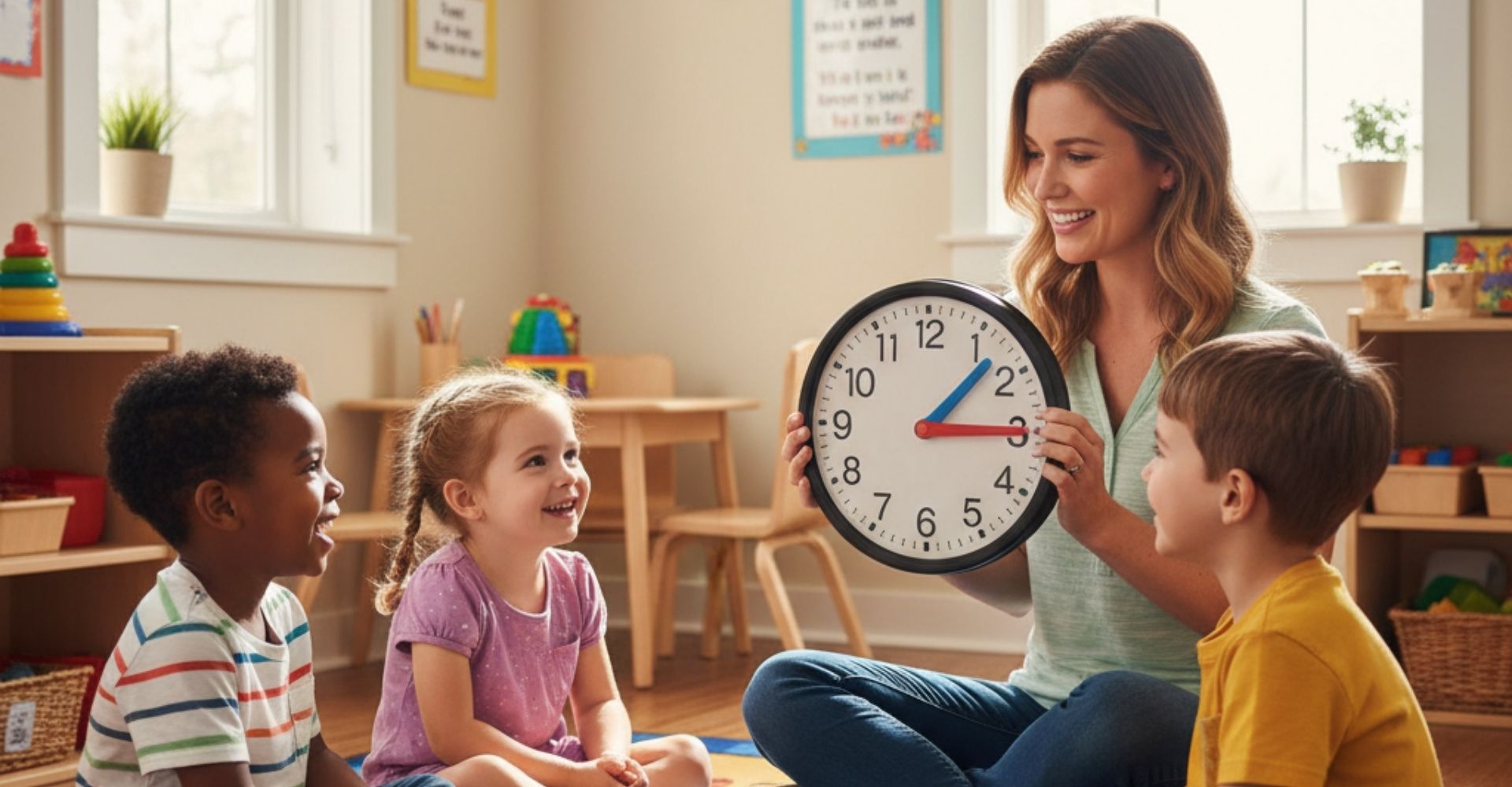 Preschool teacher shows a large clock to engaged children in a brightly lit, structured classroom.