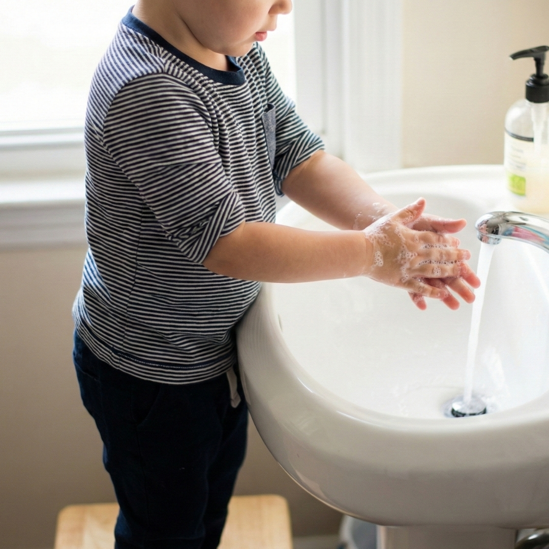 a young child with rolled-up sleeves independently washing their hands