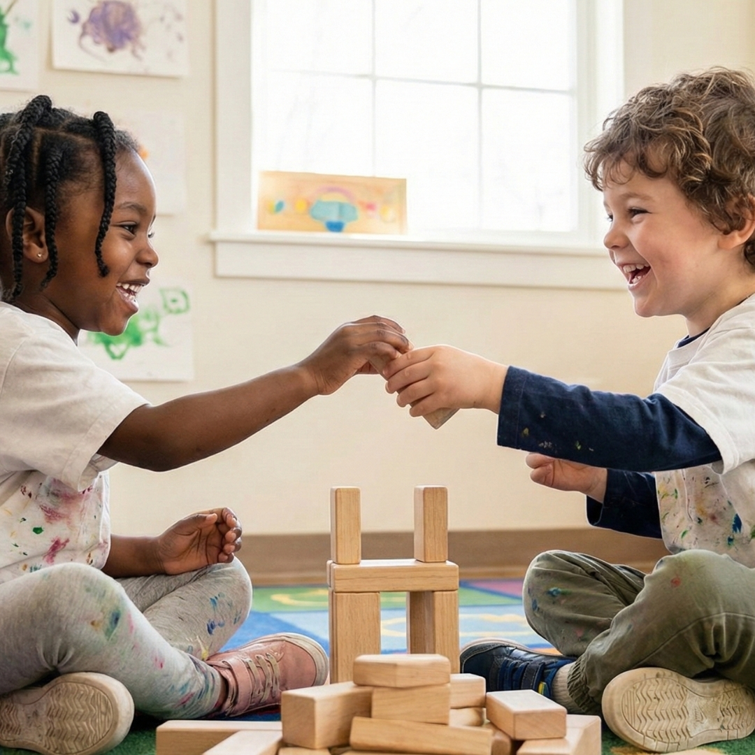 Two diverse preschoolers happily play together, sharing blocks and smiling at each other
