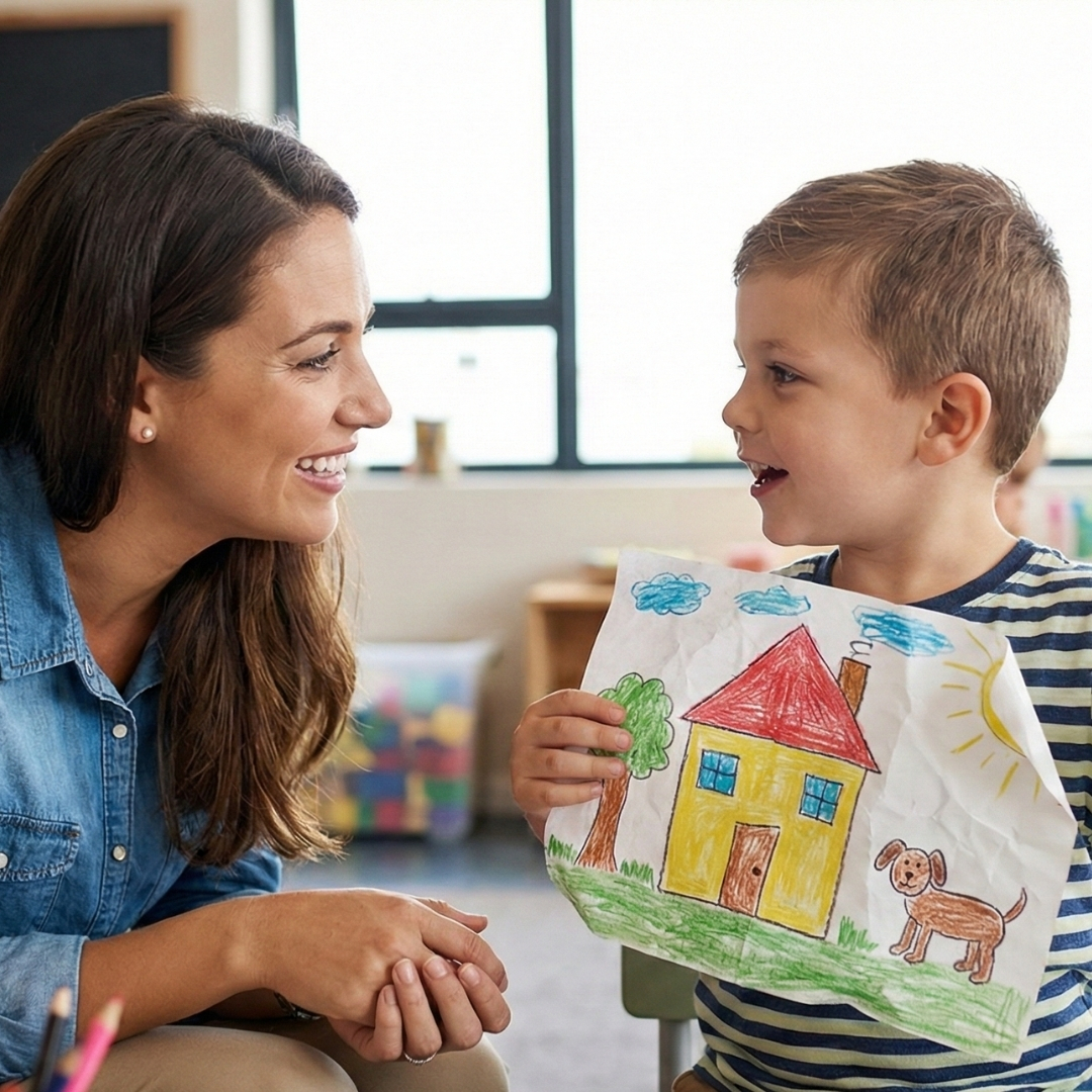 a preschool teacher actively listens to a young student who is enthusiastically showing her a drawing