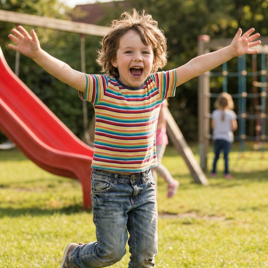 a happy child with a wide smile runs across a school playground
