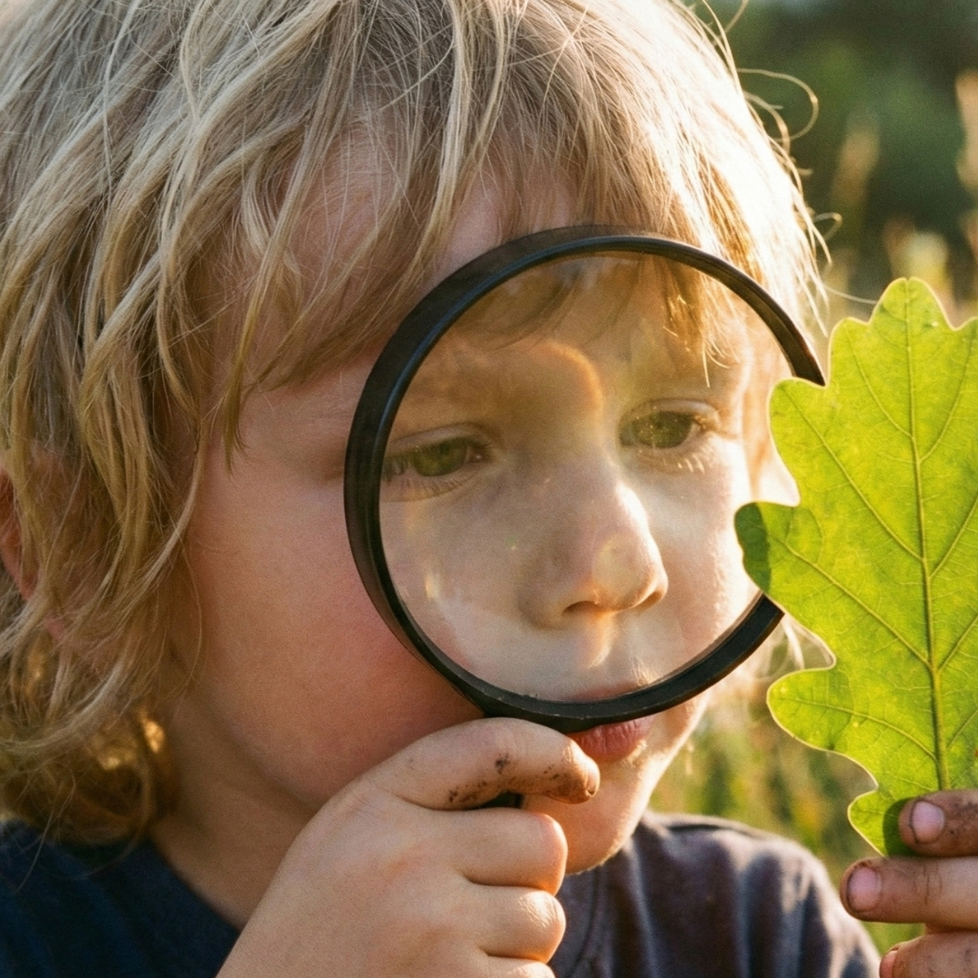 a young child looking at a green leaf through a magnifying glass