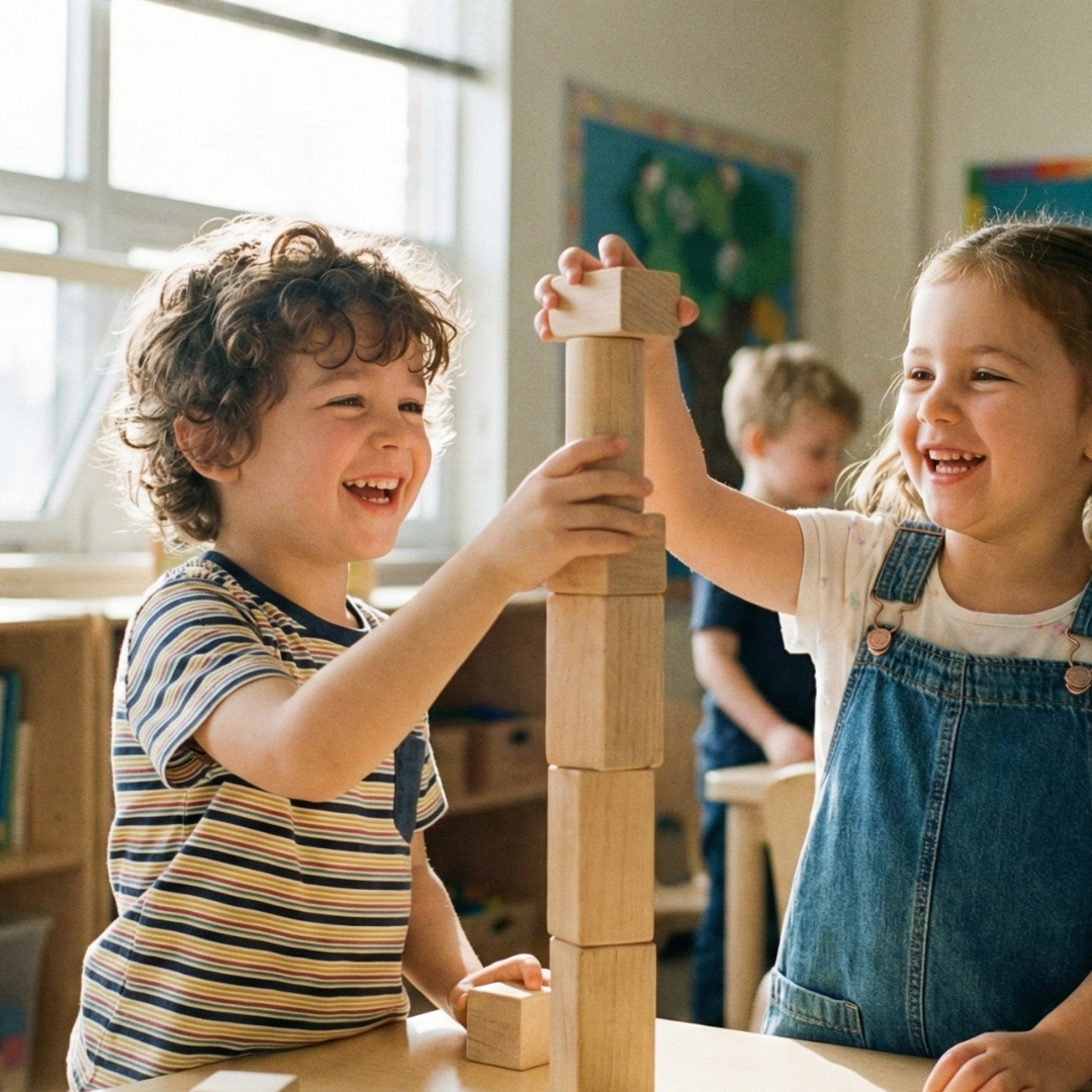 two preschool-aged children sharing a toy block tower on a classroom table
