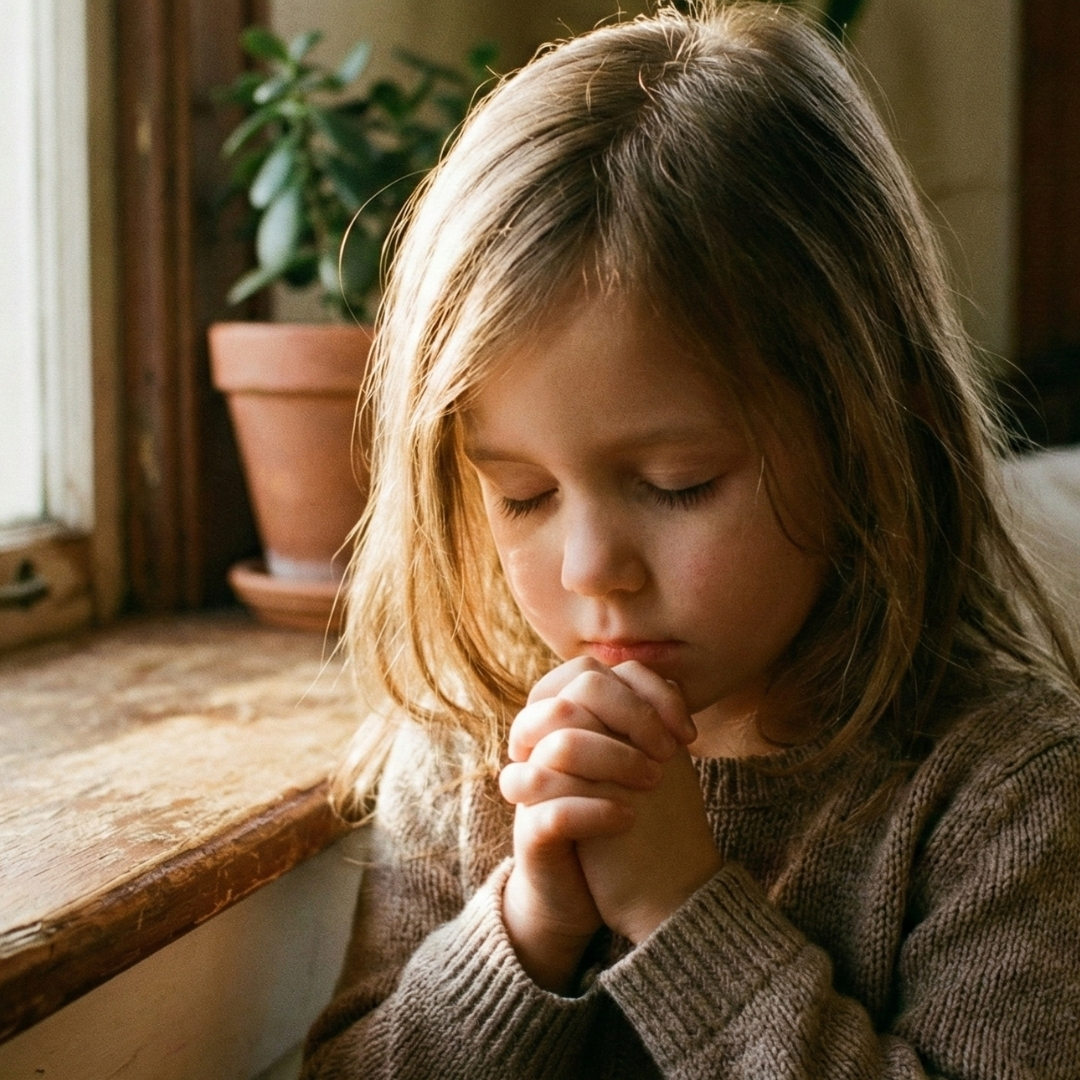 a young child with eyes closed and hands clasped together in prayer