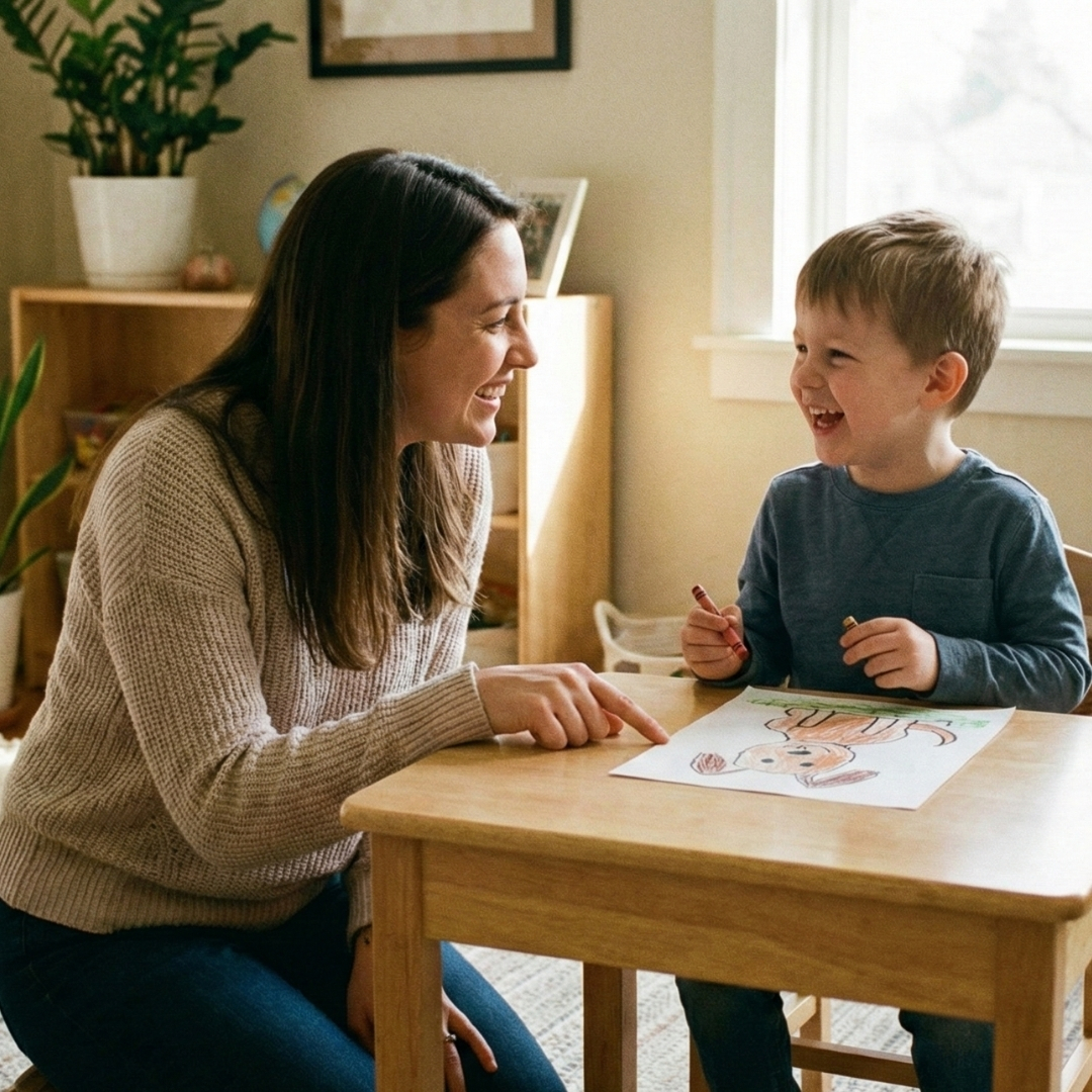 a teacher kneeling down to eye level to help a smiling student with a drawing at a small desk