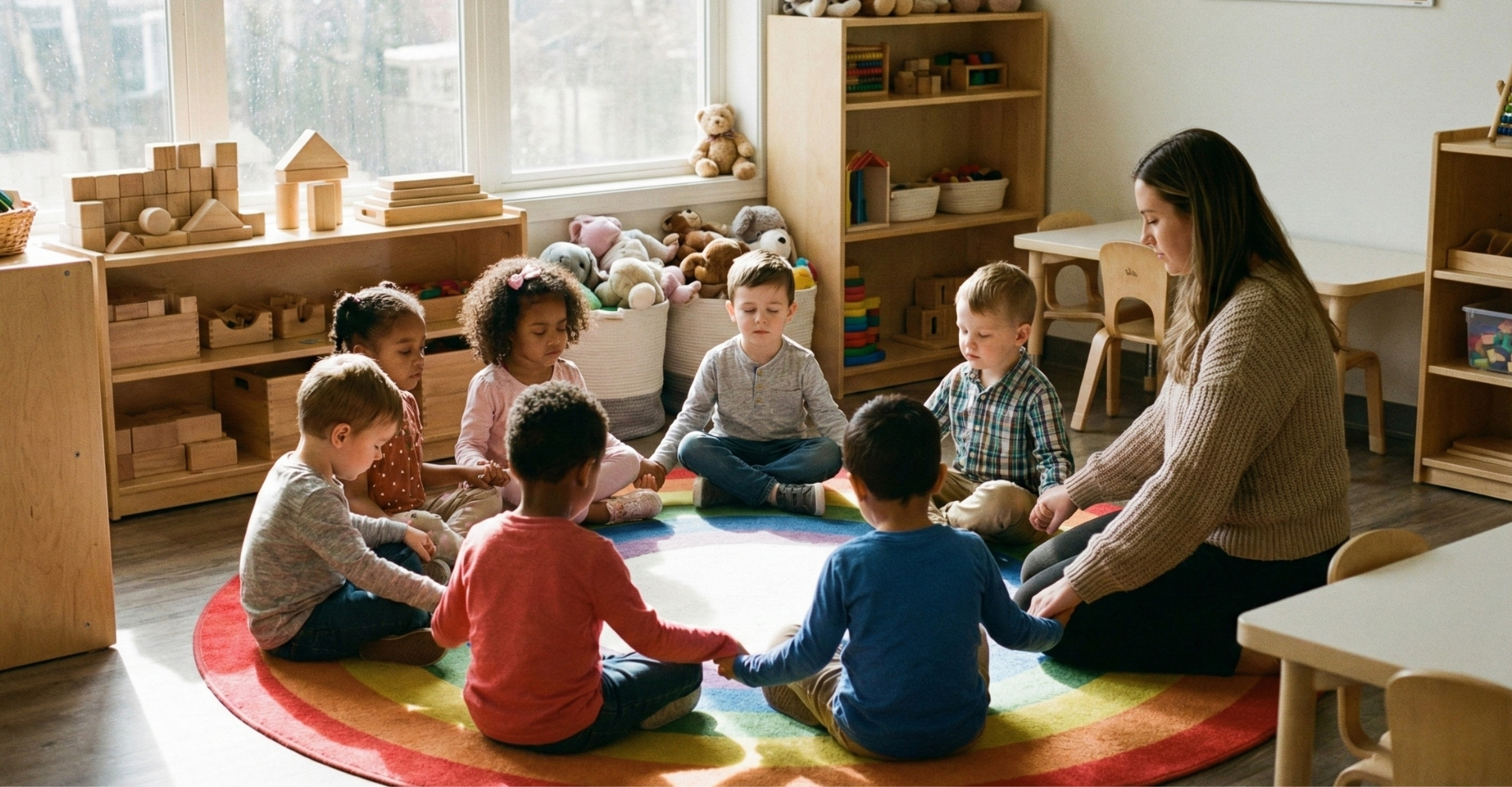 A kind female teacher is sitting on a rug reading a large, colorful book to a semi-circle of diverse, attentive young children